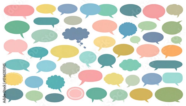 Fototapeta Varied pastel speech bubbles spread across a black background, forming a complex, interwoven pattern of conversations