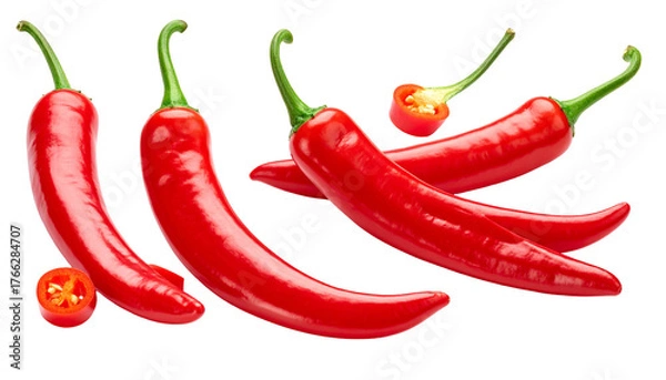 Fototapeta Vivid red chili peppers, whole and sliced, with green stems arranged against a dark, transparent background
