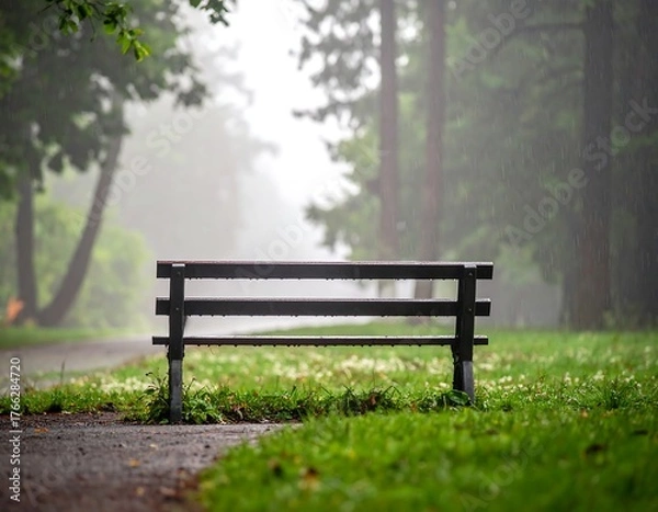 Obraz A wooden bench sits alone on a path under a misty, rainy canopy of trees