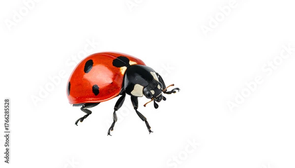 Fototapeta Vivid red ladybug with black spots on a stark black backdrop, captured in a detailed close-up shot