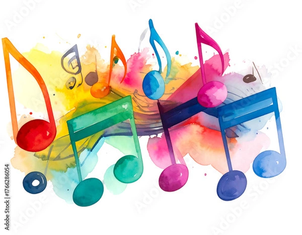 Fototapeta Watercolor musical notes cluster on a splash of vivid rainbow hues, creating a vibrant and artistic music theme illustration