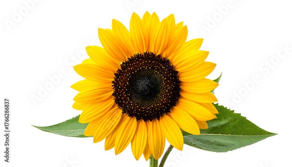 Fototapeta Vivid sunflower with yellow petals and dark center, against a black background with two green leaves at the bottom