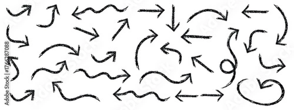 Fototapeta Set of different arrow shapes with grunge texture on black hand drawn doodle effect for design in presentations fun and lively visual with Crayon texture pencil effect. Vector illustration eps 10