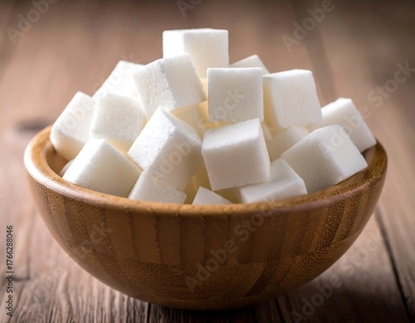 Obraz A wooden bowl brimming with pristine, cubed, white crystals on a wooden surface