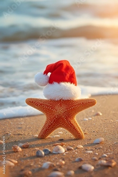 Fototapeta Festive coastal scene featuring a starfish wearing a Santa hat on a sandy beach with soft ocean waves in the background, symbolizing tropical Christmas celebration and holiday vacation atmosphere