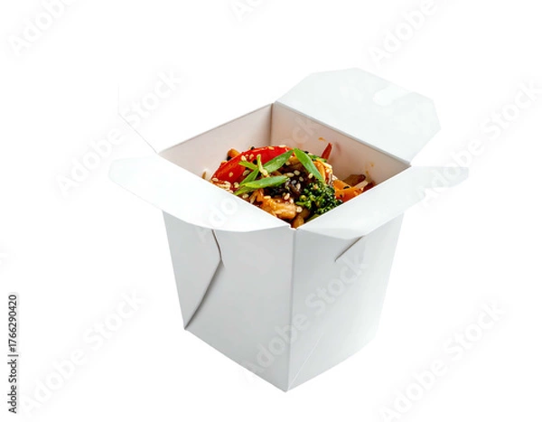 Fototapeta Stir-fried noodles and veggies in a white take-out container sit against a white background