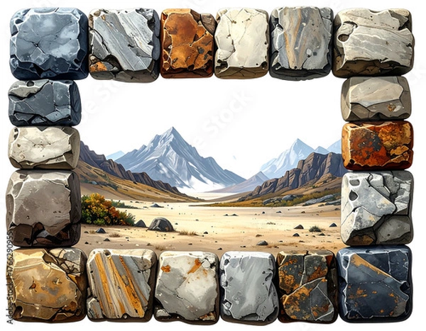 Fototapeta Stone frame, desert landscape background, featuring sandy terrain, mountain range, and muted, desaturated hues