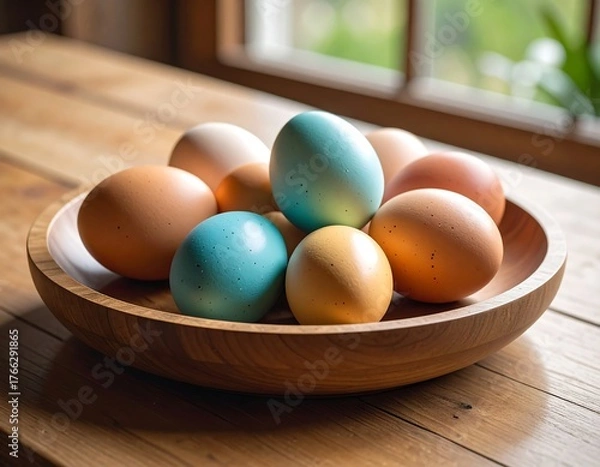 Obraz A wooden bowl of eggs, some dyed, sits on a table