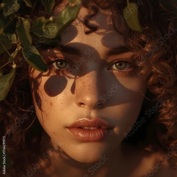 Fototapeta Artistic portrait of a young woman with curly hair and freckles illuminated by warm sunlight and natural shadows through leaves, expressing emotion and beauty in harmony with nature and golden light t