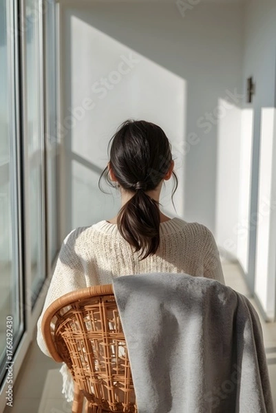 Fototapeta Peaceful morning scene of a woman sitting on a balcony in sunlight, wrapped in a cozy sweater and blanket, enjoying quiet solitude and minimalist comfort in a serene contemporary home setting