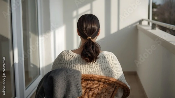 Fototapeta Peaceful morning scene of a woman sitting on a balcony in sunlight, wrapped in a cozy sweater and blanket, enjoying quiet solitude and minimalist comfort in a serene contemporary home setting