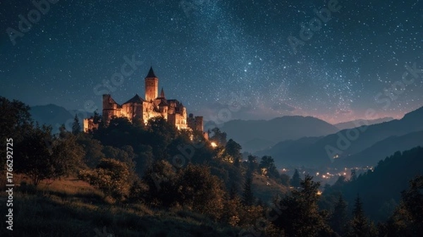 Fototapeta 
Enchanted Castle Glowing Under a Starry Night Sky. A Magical, Dreamy, and Ethereal Atmosphere Captured in Art.
