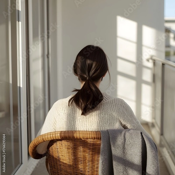 Fototapeta Peaceful morning scene of a woman sitting on a balcony in sunlight, wrapped in a cozy sweater and blanket, enjoying quiet solitude and minimalist comfort in a serene contemporary home setting