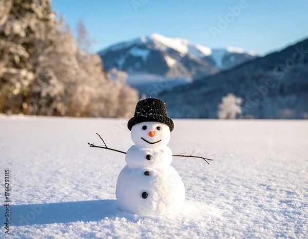 Fototapeta Adorable snowman stands in snowy landscape, mountains backdrop