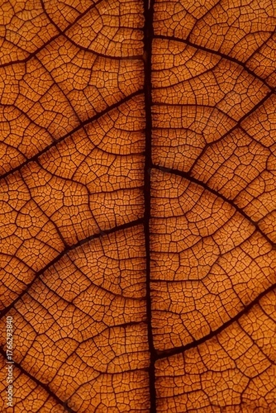 Fototapeta Detailed macro photograph of an autumn leaf showing intricate vein structure and rich orange-brown texture, capturing the delicate natural pattern and organic beauty of seasonal foliage in high defini