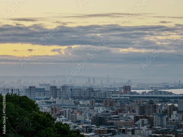 Fototapeta 夜明け前の神戸市街地と大阪湾を隔てた大阪の市街地
