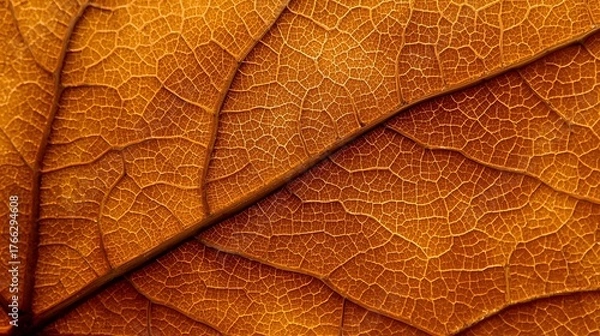 Fototapeta Detailed macro photograph of an autumn leaf showing intricate vein structure and rich orange-brown texture, capturing the delicate natural pattern and organic beauty of seasonal foliage in high defini