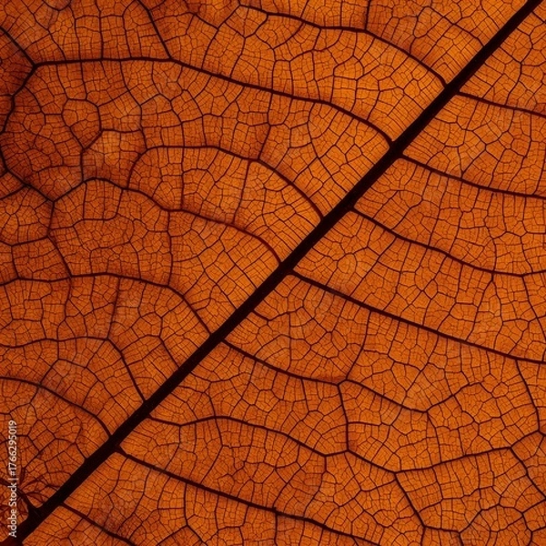 Fototapeta Detailed macro photograph of an autumn leaf showing intricate vein structure and rich orange-brown texture, capturing the delicate natural pattern and organic beauty of seasonal foliage in high defini