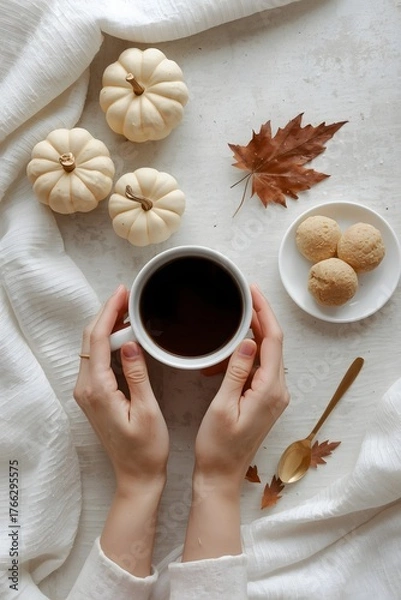 Fototapeta Cozy autumn flat lay with female hands holding a warm cup of coffee surrounded by mini white pumpkins, cookies, a golden spoon, and a dry maple leaf on soft fabric background in warm seasonal atmosphe