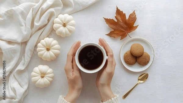 Fototapeta Cozy autumn flat lay with female hands holding a warm cup of coffee surrounded by mini white pumpkins, cookies, a golden spoon, and a dry maple leaf on soft fabric background in warm seasonal atmosphe