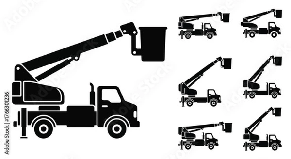 Obraz Various black silhouettes of a truck with an extended boom and basket