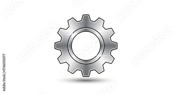 Obraz Shiny Silver Gear Icon with Metallic Glare and Black Outline on White Background, Representing Settings, Mechanics, and Technology