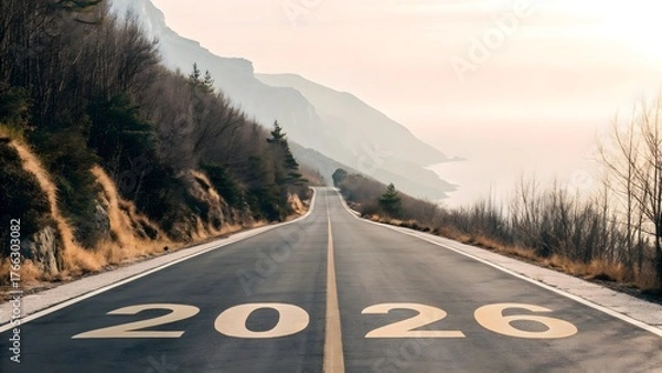 Fototapeta A wide, empty road leads into the distance with the year 2026 prominently displayed on the asphalt. Surrounding the road is a vast desert landscape under a clear sky.