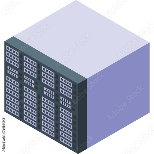 Fototapeta Isometric illustration of a server rack with multiple blinking lights and ventilation slots on a light purple background representing data center equipment and technology
