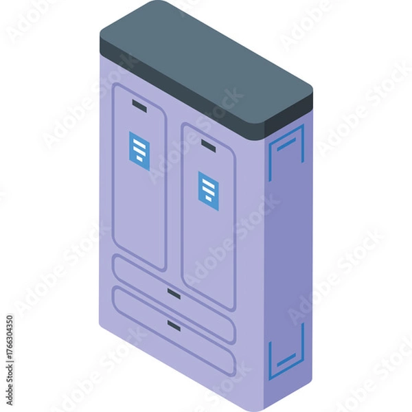 Obraz Isometric illustration of a purple server rack with blue icons on a transparent background in a digital data center environment