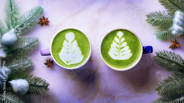 Fototapeta Two cup of green tea Matcha Latte art with snow, bauble  and pine branches creating cozy winter atmosphere background. Concept for holiday Christmas and New Year drinks. Generated image