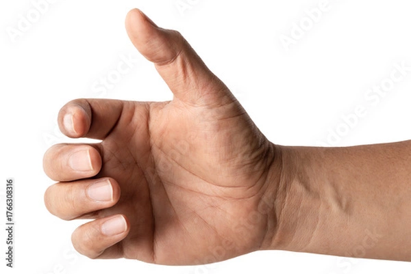 Fototapeta man hand holding something like a bottle on white background