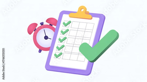 Obraz Purple clipboard with green checkmarks and pink alarm clock