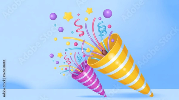 Fototapeta Two party poppers exploding with colorful confetti and stars