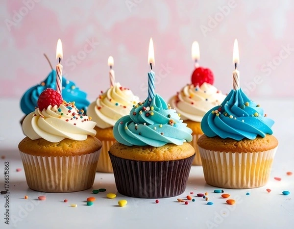 Fototapeta Assortment of frosted cupcakes, lit candles, and decorative sprinkles