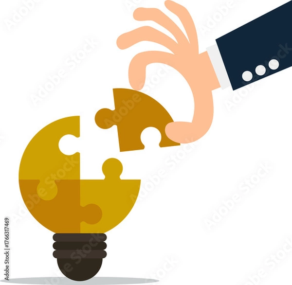 Obraz hand placing the final puzzle piece into a light bulb. Businessman with puzzles bulb idea. businessman insert puzzle piece into lamp idea. creative idea concept