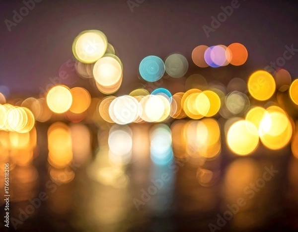 Obraz Abstract shot of colorful lights bokeh reflecting on a wet surface at dusk