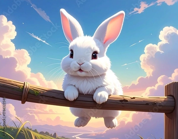 Obraz Adorable white bunny perched on a fence, against a sunset sky