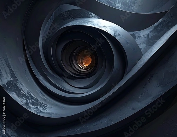 Obraz Abstract spiral tunnel with layered metallic curves and a warm orange center