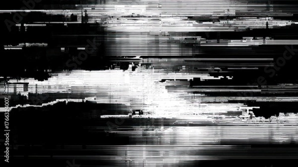 Obraz Black and white abstract with horizontal distorted lines, suggesting digital error