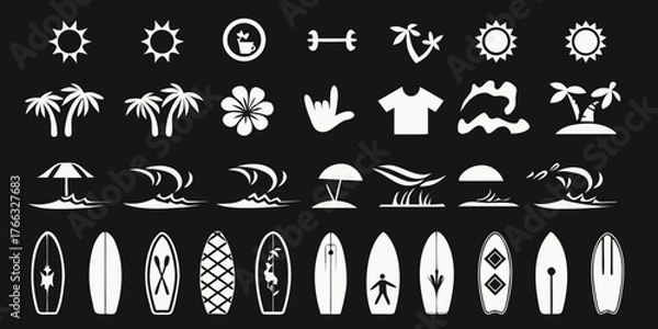 Fototapeta Collection of white summer beach and surfing icons on a black background