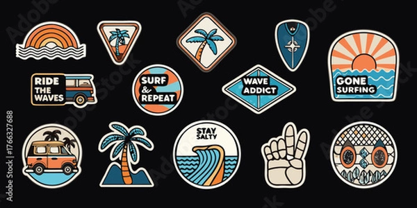 Fototapeta Collection of surfing and beach themed stickers featuring van life palm trees waves and inspirational quotes