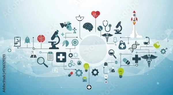 Fototapeta Dynamic medical science network concept with icons of innovation, research, health, and technology for future advancements