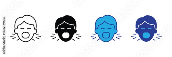 Fototapeta Set of four icons representing a person yawning or shouting, in outline, silhouette, and two color variations, isolated on white background