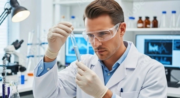 Fototapeta Focused scientist meticulously examines liquid in test tube, advancing research in modern laboratory setting with advanced equipment