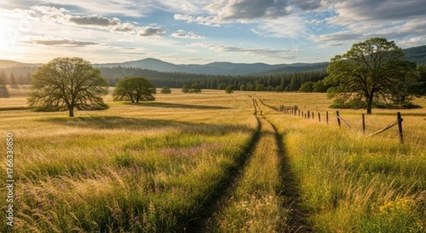 Fototapeta Golden hour sun bathes rolling meadow with winding path, distant mountains and mature oak trees create a serene rural landscape.