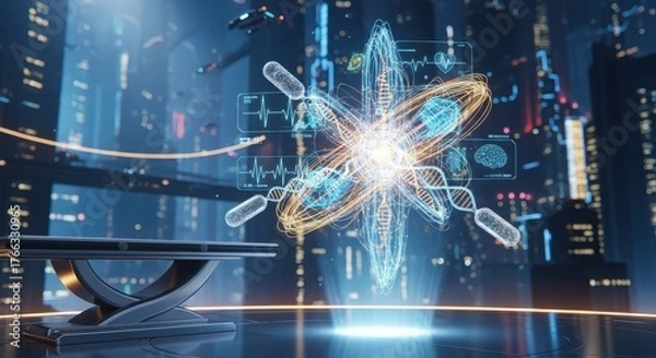 Fototapeta Visualize groundbreaking scientific discovery with holographic atom and DNA models in a futuristic city laboratory setting