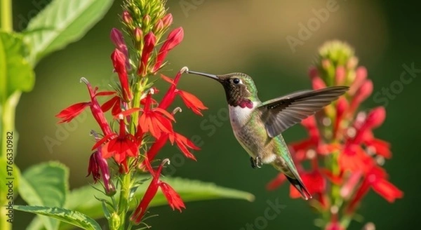 Fototapeta Tiny hummingbird delicately sips nectar from vibrant red cardinal flower in lush green garden