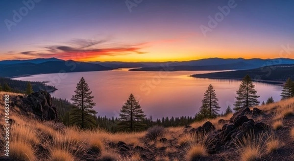 Fototapeta Stunning sunset paints the sky with vibrant hues over a serene lake nestled among rolling hills and evergreen forests