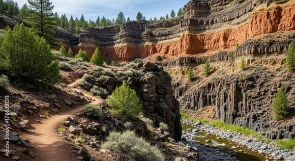 Fototapeta Sun-drenched path winds through vibrant layered canyon walls with a flowing river below, inspiring adventure and exploration