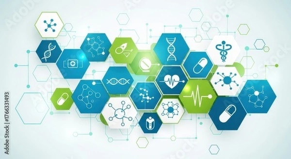 Fototapeta Dynamic healthcare innovation concept featuring DNA, molecules, heartbeats and medical icons within interconnected hexagons
